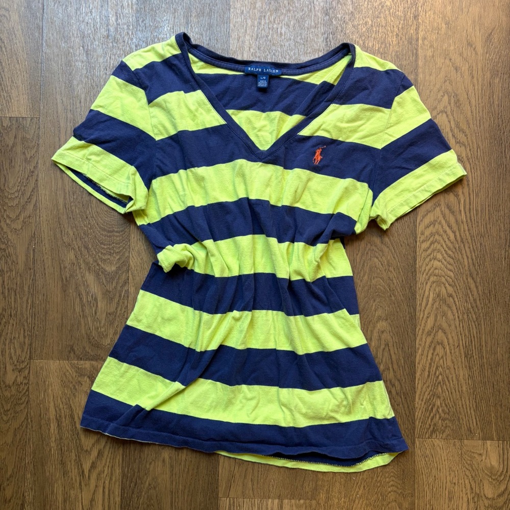Vintage 1990's Ralph Lauren Sport Womens Sriped Small Pony V Neck T Shirt